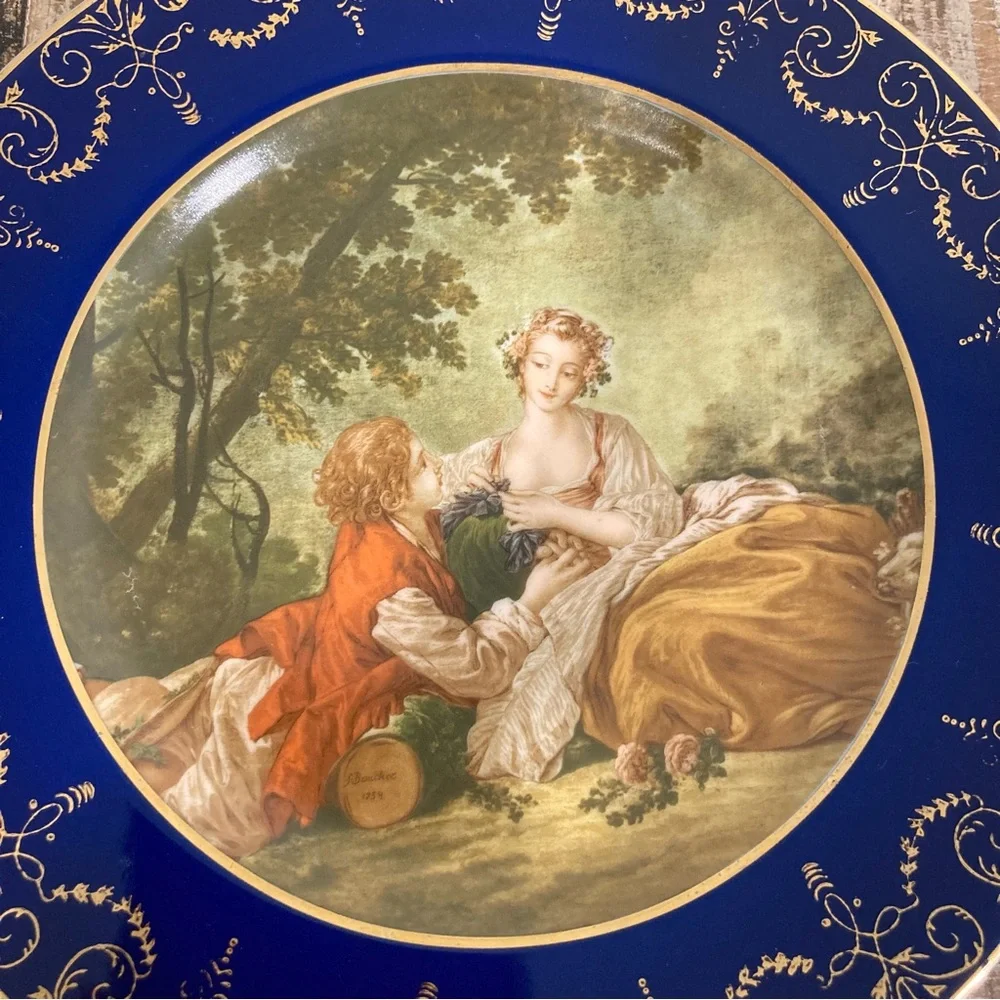 Pair Vintage Reproduction Blue & Gold Decorative Plates Wall Hanging French Art